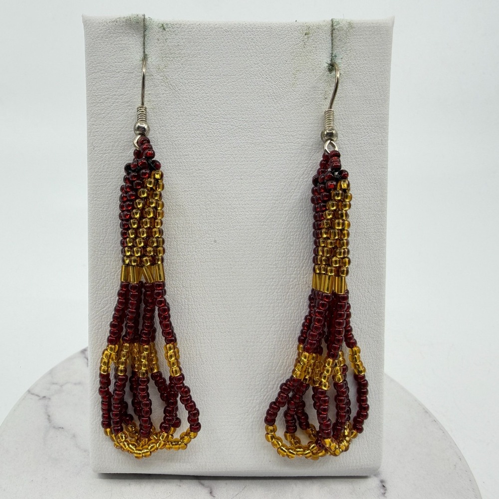Burgundy & Gold Beaded Tassel Earrings Boho Statement Dangle Jewelry Gift Idea